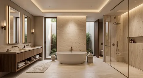 تصميم حمام حمام ماستر بحجر دافئ وحوض