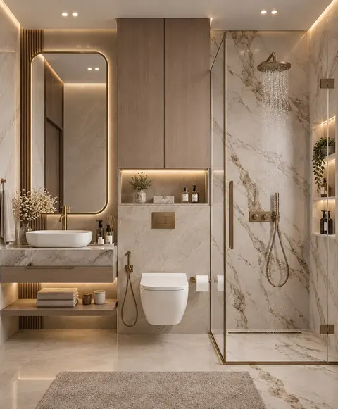 تصميم حمام شاور زجاجي بجدار رخام