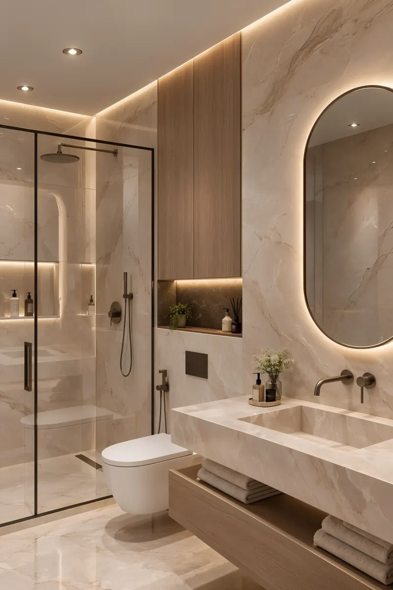 حمام فاخر نفّذه فريق المشهد سكاي: مغسلة رخام وخشب بإضاءة مخفية