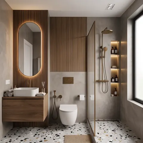 تصميم حمام تيرازو وخشب دافئ