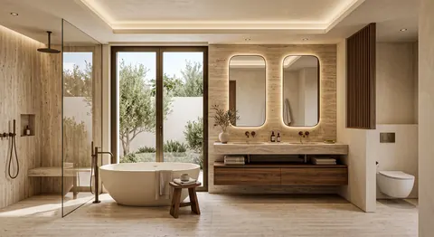 تصميم حمام حوض استحمام ومغسلتين بإطلالة