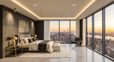 تصميم غرفة نوم ماستر بإطلالة وجدار حجري