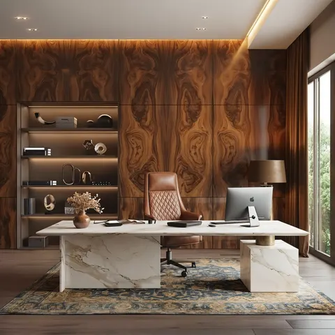 تصوّر تصميم مكتب تنفيذي بطابع دافئة، خشب ودرجات دافئة، مع تنسيق متوازن للألوان؛ وصف النمط: Classic Warm Luxury  – تجهيز مكاتب دبي – المشهد سكاي