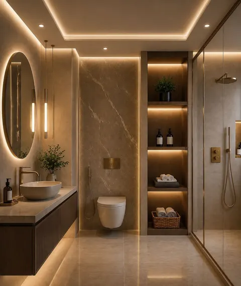 تصوّر تصميم حمام بطابع دافئة، خشب ودرجات دافئة، بتفاصيل في الجدران والأرضية؛ وصف النمط: warm,contemporary – تجديد حمامات دبي – المشهد سكاي