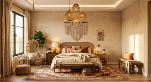 تصوّر تصميم غرفة نوم ماستر بطابع فاخرة، رخام وتفاصيل فاخرة، مع توزيع واضح للأثاث؛ وصف النمط: Master Bedroom Modern Bohemian Luxury – تصميم غرف نوم دبي – المشهد سكاي