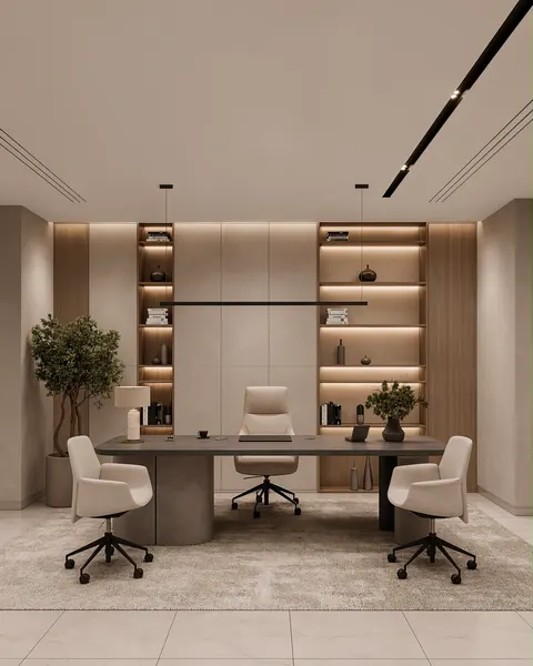 تصوّر تصميم مكتب تنفيذي بطابع دافئة، خشب ودرجات دافئة، مع توزيع واضح للأثاث؛ وصف النمط: Warm Minimalist  – تجهيز مكاتب دبي – المشهد سكاي
