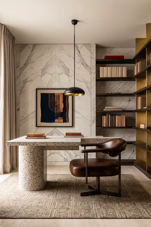 تصوّر تصميم مكتب منزلي بطابع هادئة، خطوط بسيطة وألوان هادئة، بتفاصيل في الجدران والأرضية؛ وصف النمط: Modern Minimalist – تصميم مكتب منزلي دبي – المشهد سكاي