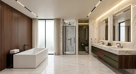 تصوّر تصميم حمام ماستر في فيلا مودرن بحوض مستقل ومغسلتين ورخام فاتح – تصميم فلل دبي – المشهد سكاي