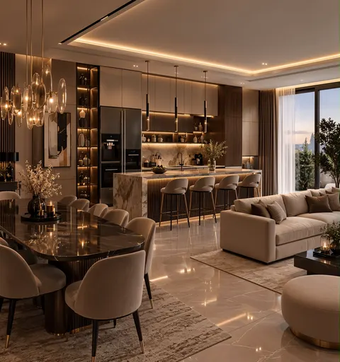 تصوّر تصميم مطبخ بطابع دافئة، خشب ودرجات دافئة، بتفاصيل في الجدران والأرضية؛ وصف النمط: Modern Luxury – Open-Plan Marble & Warm Wood – تفصيل مطابخ دبي – المشهد سكاي