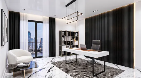 تصوّر تصميم مكتب منزلي بطابع داكنة، درجات داكنة وخامات لامعة، بزاوية تُظهر الخامات؛ وصف النمط: Home Office Modern Monochrome Executive (Sophisticated Black & White Luxury) – تصميم مكتب منزلي دبي – المشهد سكاي