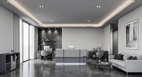 تصوّر تصميم مكتب شركة بطابع هادئة، خطوط بسيطة وألوان هادئة، بزاوية تُظهر الخامات؛ وصف النمط: Monochrome Minimalist General Office – ديكور مكاتب دبي – المشهد سكاي