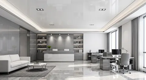 تصوّر تصميم مكتب شركة بطابع مودرن، خطوط واضحة وتوزيع عملي، بتفاصيل في الجدران والأرضية؛ وصف النمط: Contemporary Corporate Elegance General Office – ديكور مكاتب دبي – المشهد سكاي
