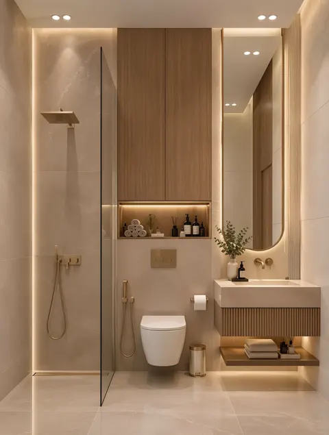 تصوّر تصميم حمام بطابع دافئة، خشب ودرجات دافئة، مع تنسيق متوازن للألوان؛ وصف النمط: Modern Luxury Warm Neutral(3) – تجديد حمامات دبي – المشهد سكاي