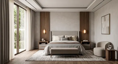 تصوّر تصميم secondary bedroom بطابع فاخرة، رخام وتفاصيل فاخرة، مع إضاءة موزعة على المساحة؛ وصف النمط: Secondary Bedroom Suite 1 Italian Contemporary Luxury – تصميم فلل دبي – المشهد سكاي