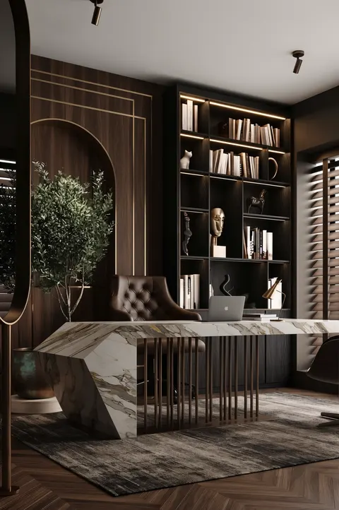 تصوّر تصميم مكتب تنفيذي بطابع داكنة، درجات داكنة وخامات لامعة، بتفاصيل في الجدران والأرضية؛ وصف النمط: Modern Dark Luxury – تجهيز مكاتب دبي – المشهد سكاي