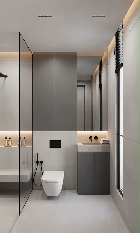 تصوّر تصميم حمام بطابع داكنة، درجات داكنة وخامات لامعة، مع إضاءة موزعة على المساحة؛ وصف النمط: Minimalist Monochrome (Dark Grey) – تجديد حمامات دبي – المشهد سكاي