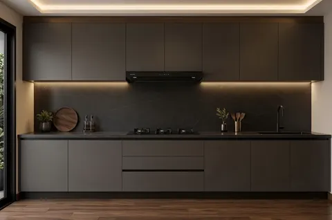 تصوّر تصميم مطبخ بطابع هادئة، خطوط بسيطة وألوان هادئة، مع إضاءة موزعة على المساحة؛ وصف النمط: minimalist modern(1) – تفصيل مطابخ دبي – المشهد سكاي