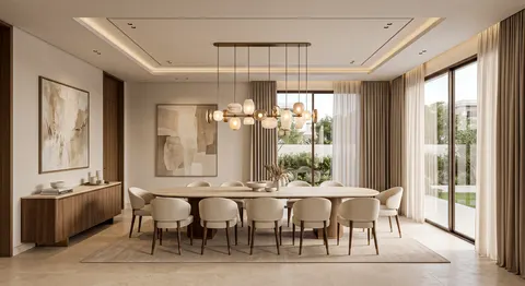 تصوّر تصميم غرفة طعام بطابع دافئة، خشب ودرجات دافئة، بزاوية تُظهر الخامات؛ وصف النمط: Dining Room WARM MODERN LUXURY – تصميم فلل دبي – المشهد سكاي