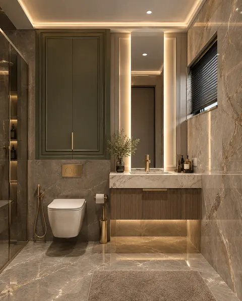 تصوّر تصميم حمام بطابع دافئة، خشب ودرجات دافئة، بتفاصيل في الجدران والأرضية؛ وصف النمط: Contemporary Luxury (Warm Neutral Marble) – تجديد حمامات دبي – المشهد سكاي