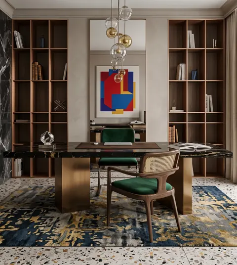 تصوّر تصميم مكتب منزلي بطابع مودرن، خطوط واضحة وتوزيع عملي، مع توزيع واضح للأثاث؛ وصف النمط: Modern Eclectic – تصميم مكتب منزلي دبي – المشهد سكاي