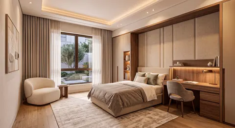 تصوّر تصميم غرفة أطفال بطابع دافئة، خشب ودرجات دافئة، بتفاصيل في الجدران والأرضية؛ وصف النمط: KIDS BEDROOM (AT NIGHT) WARM MODERN LUXURY – تصميم فلل دبي – المشهد سكاي