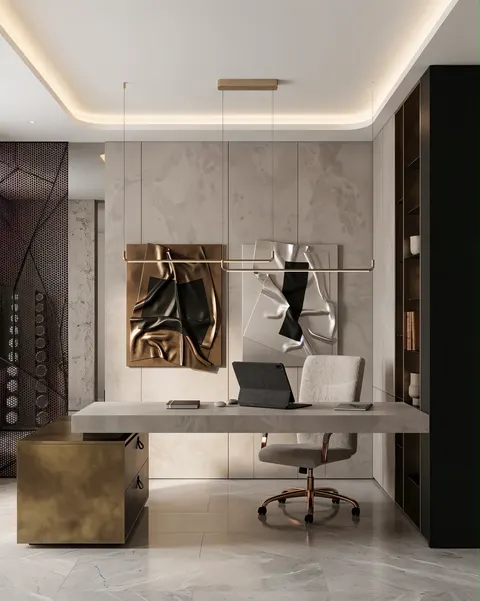 تصوّر تصميم مكتب منزلي بطابع فاخرة، رخام وتفاصيل فاخرة، مع توزيع واضح للأثاث؛ وصف النمط: Modern Luxury (1) – تصميم مكتب منزلي دبي – المشهد سكاي