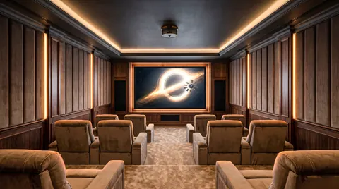 تصميم سينما منزلية سينما كلاسيك بجدران مبطّنة وكراسي مخمل