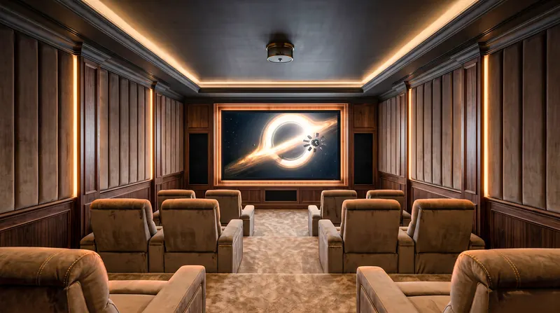 تصميم سينما منزلية سينما كلاسيك بجدران مبطّنة وكراسي مخمل