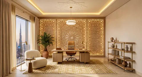 تصميم مكتب منزلي مشربية ذهبية بإضاءة مخفية