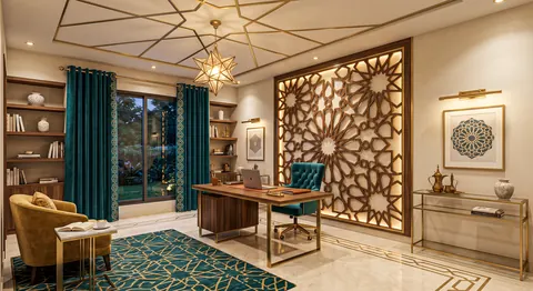 تصميم مكتب منزلي حاجز مشربية بنقوش هندسية