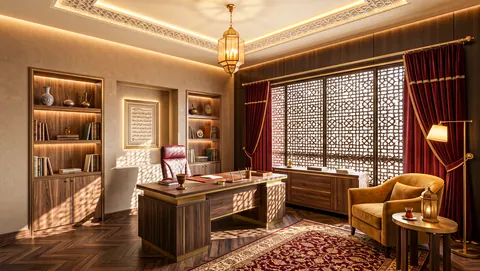تصميم مكتب منزلي مشربية خشب ورفوف مضاءة