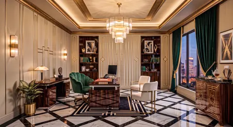 تصميم مكتب منزلي أرضية رخام بنقش هندسي