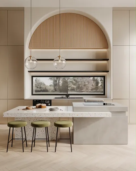 تصميم مطبخ بسيط بقوس وتيرازو