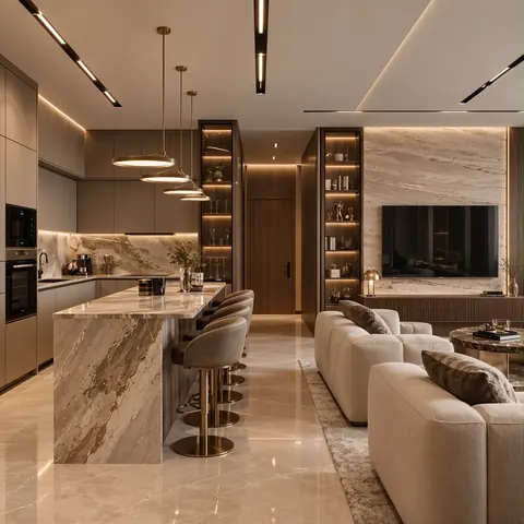 تصميم مطبخ مطبخ مفتوح برخام ونحاسي