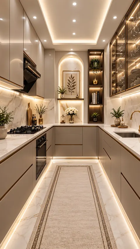 تصميم مطبخ رخام ونحاسي للمساحات الضيقة