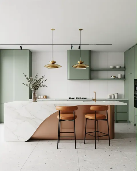 تصميم مطبخ أخضر هادئ بجزيرة منحنية