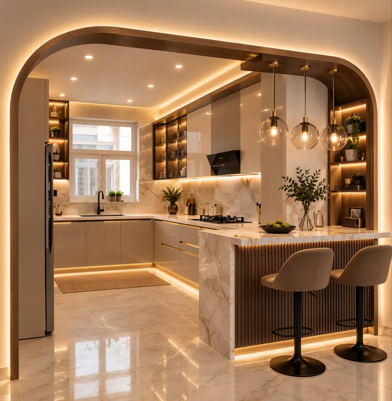 تصميم مطبخ مدخل بقوس ومقاعد بار
