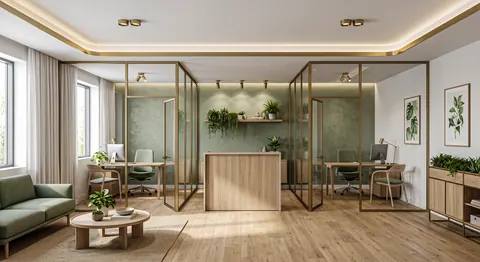 تصميم قواطع غرف زجاج بإطار أسود ونباتات
