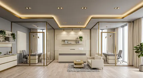 تصميم قواطع مكاتب زجاج بإطار أسود وسقف متدرّج