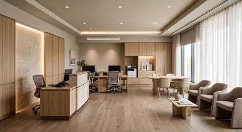 تصميم استقبال كاونتر خشب مع كراسي انتظار