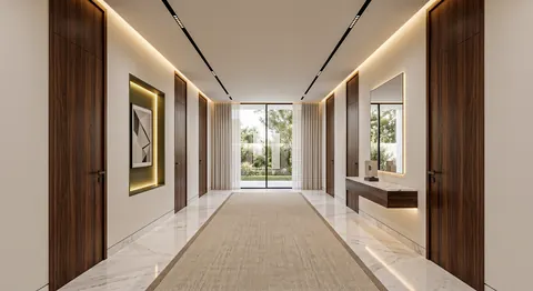 تصميم درج وإضاءة ممر بإنارة خطية وإضاءة على اللوحات