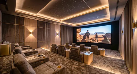 ديكور جدار جدار شاشة سينما بألواح داكنة وإضاءة
