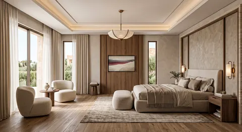تصميم فيلا غرفة نوم رئيسية بألوان ترابية